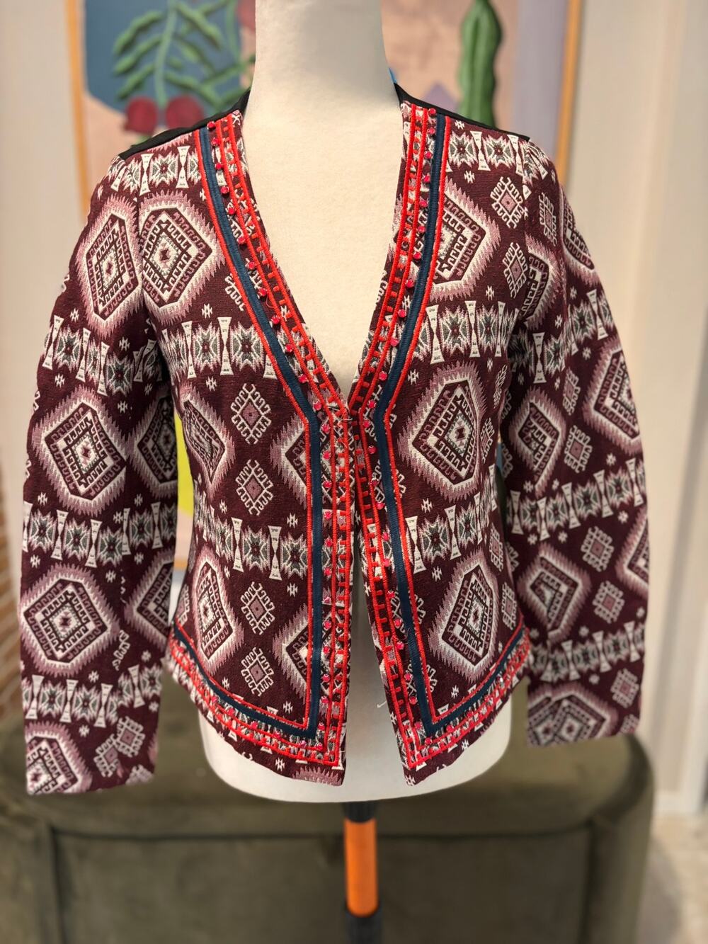 Oober Swank Beaded Southwestern Geometric Cropped Jacket Boho Western